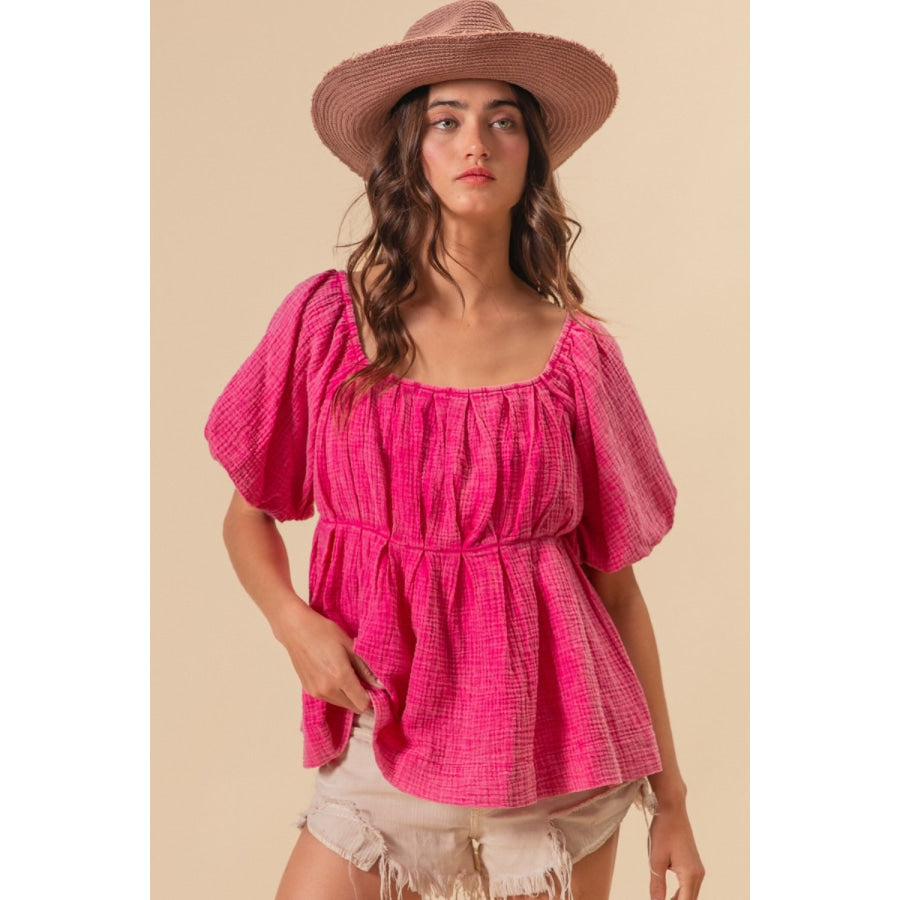 BiBi Pleated Puff Sleeve Washed Blouse Fuchsia / S Apparel and Accessories