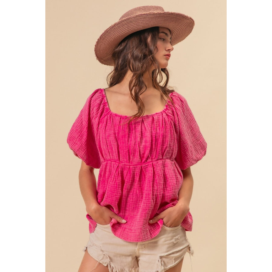 BiBi Pleated Puff Sleeve Washed Blouse Apparel and Accessories