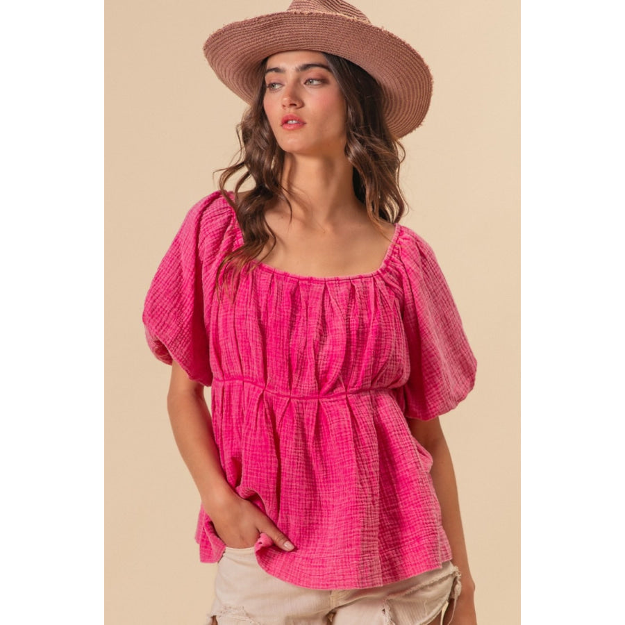 BiBi Pleated Puff Sleeve Washed Blouse Fuchsia / S Apparel and Accessories