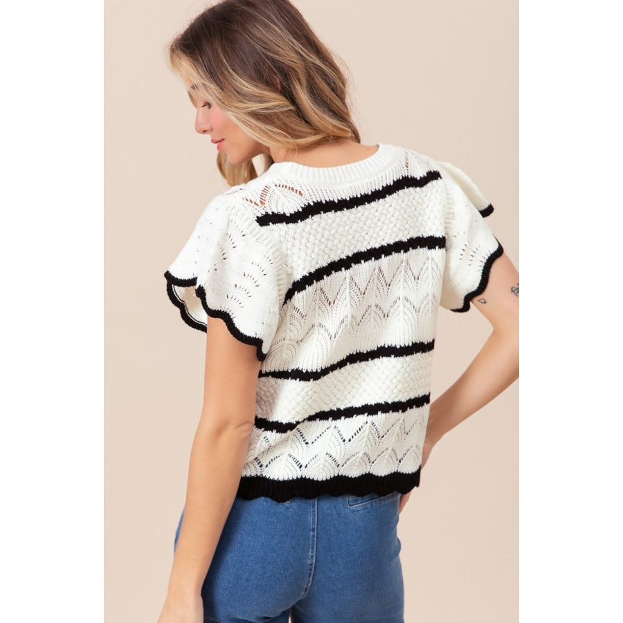 BiBi Pointelle Contrast Striped Short Sleeve Knit Top Apparel and Accessories