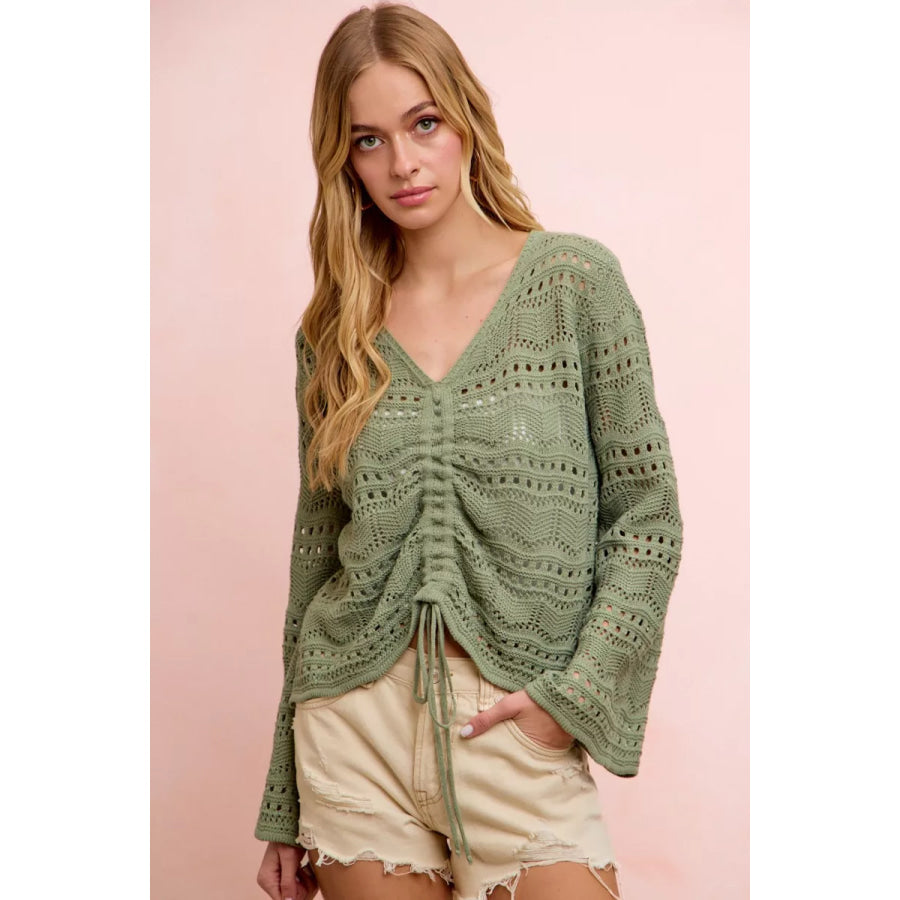BiBi Pointelle Knit V Neck Ruched Front Lightweight Top Apparel and Accessories