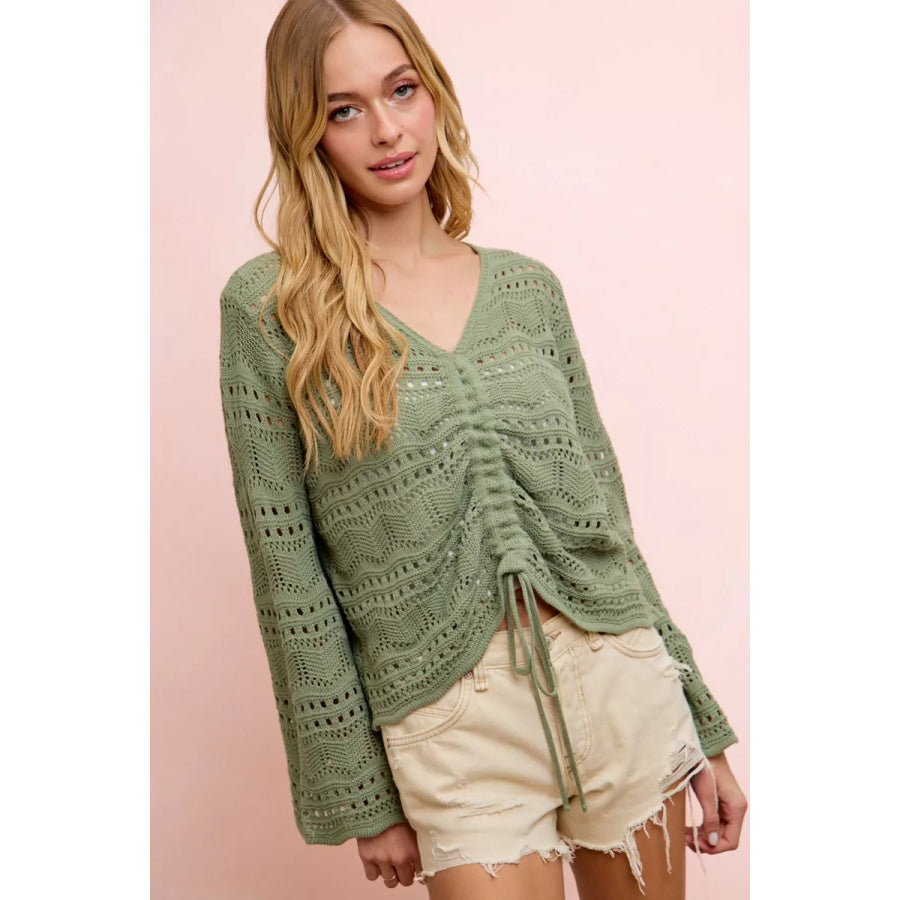 BiBi Pointelle Knit V Neck Ruched Front Lightweight Top Apparel and Accessories