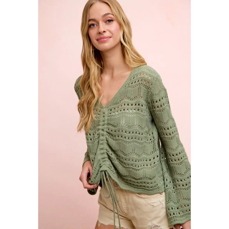 BiBi Pointelle Knit V Neck Ruched Front Lightweight Top Apparel and Accessories