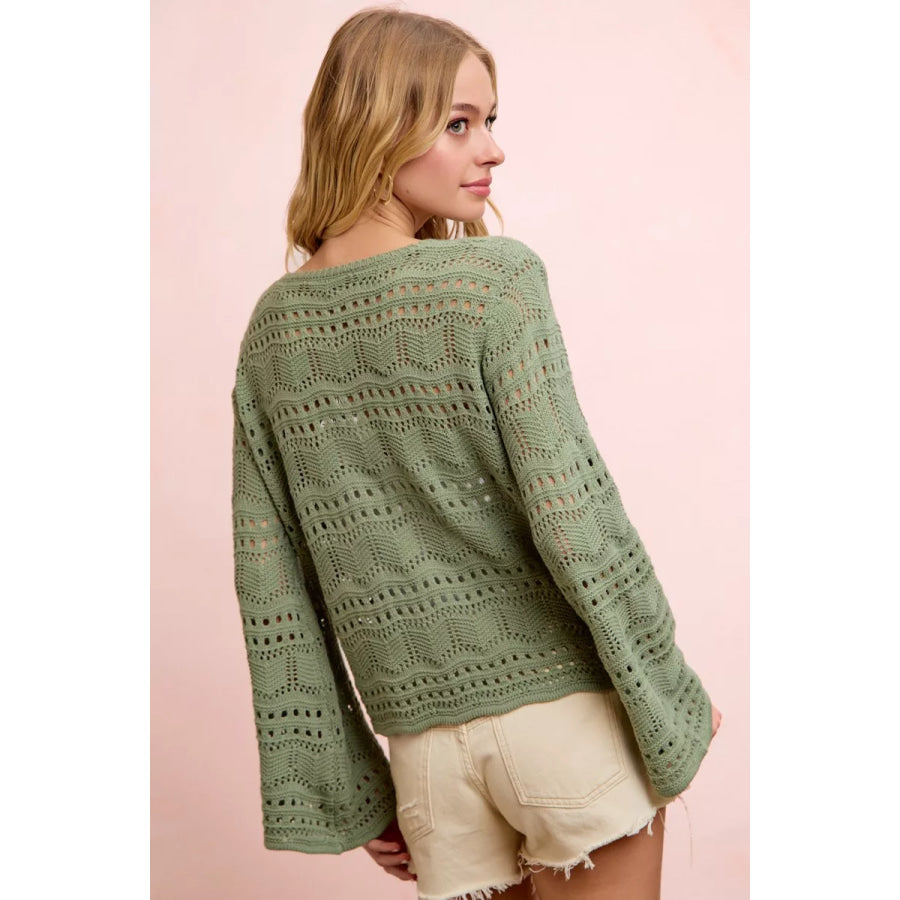BiBi Pointelle Knit V Neck Ruched Front Lightweight Top Apparel and Accessories