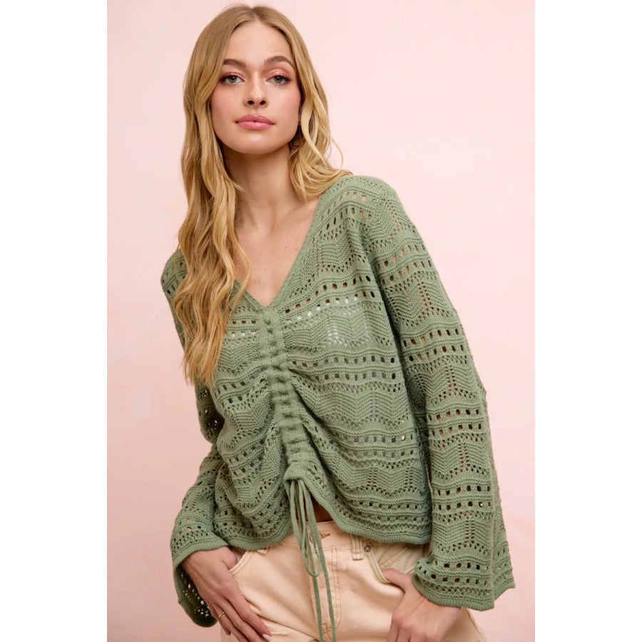 BiBi Pointelle Knit V Neck Ruched Front Lightweight Top Apparel and Accessories