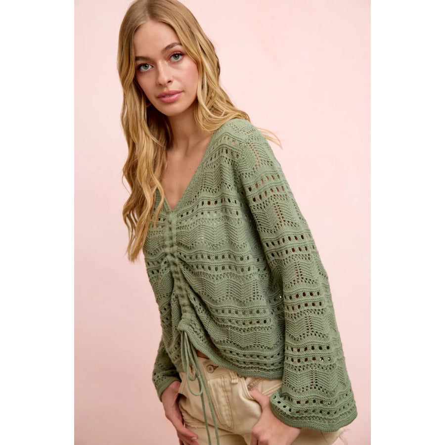 BiBi Pointelle Knit V Neck Ruched Front Lightweight Top Apparel and Accessories