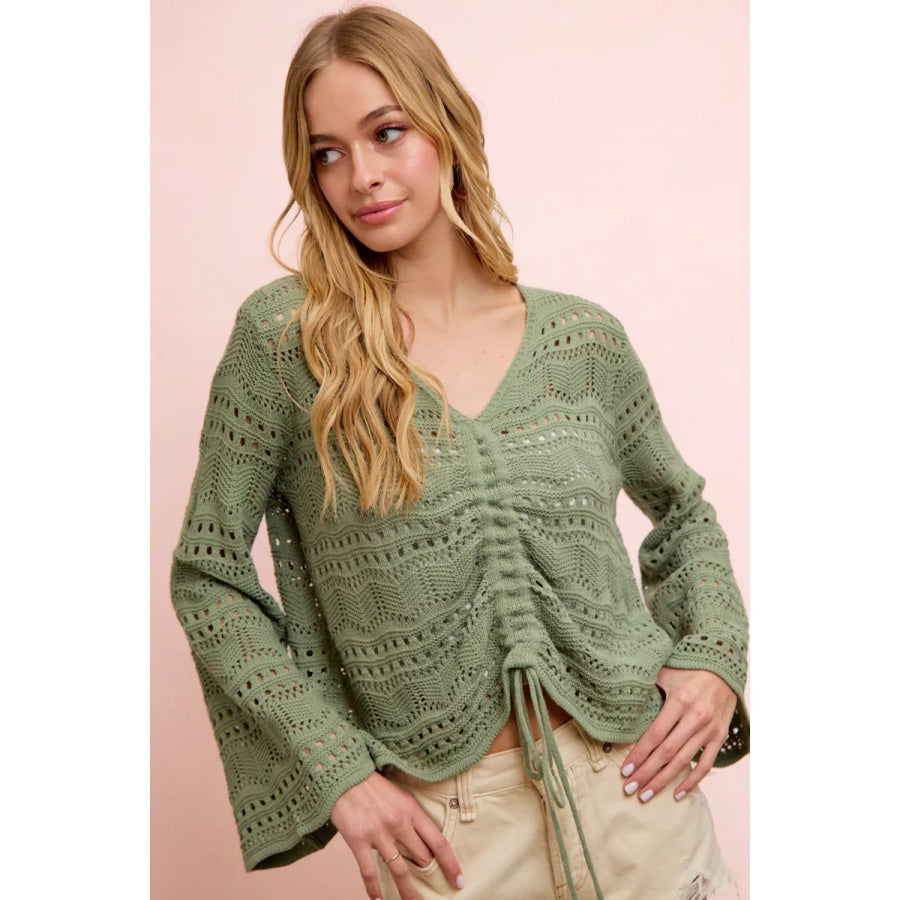 BiBi Pointelle Knit V Neck Ruched Front Lightweight Top Apparel and Accessories