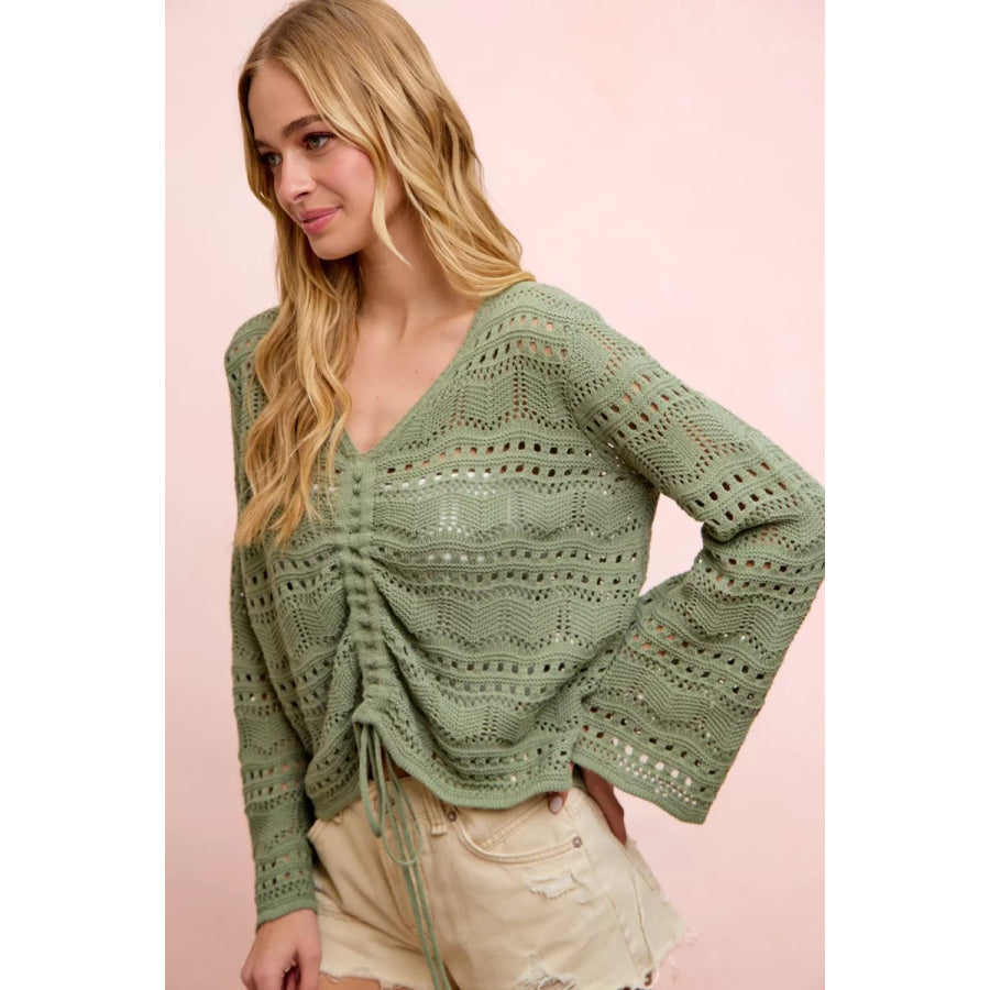 BiBi Pointelle Knit V Neck Ruched Front Lightweight Top Apparel and Accessories