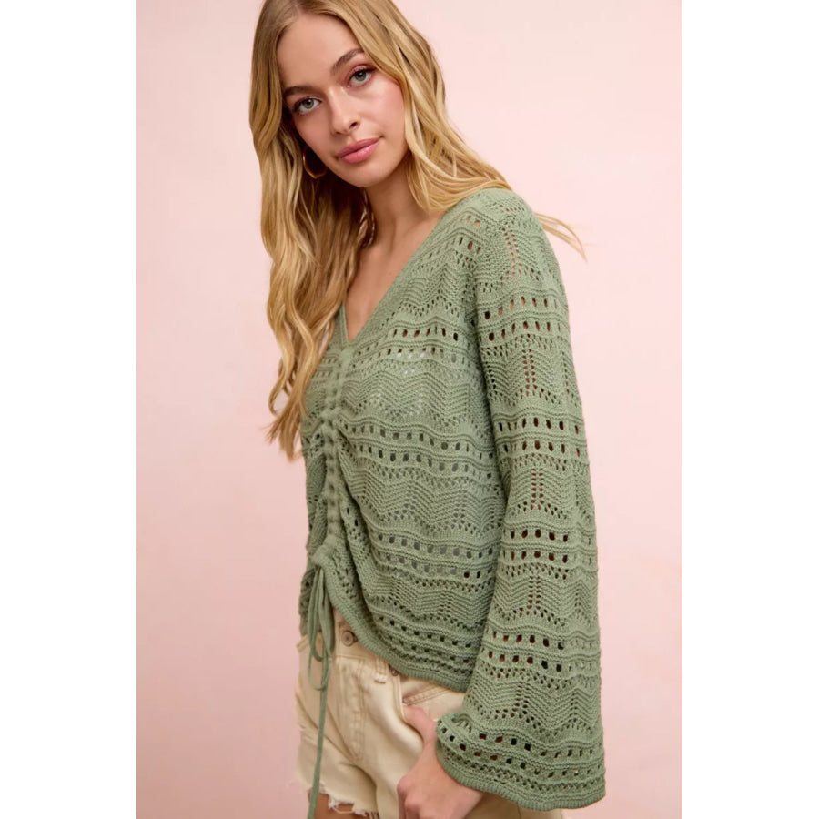 BiBi Pointelle Knit V Neck Ruched Front Lightweight Top Apparel and Accessories
