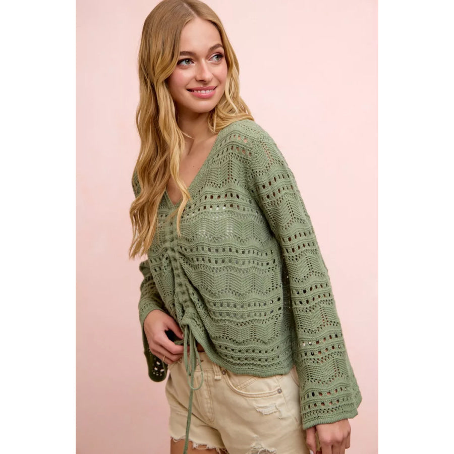 BiBi Pointelle Knit V Neck Ruched Front Lightweight Top Apparel and Accessories