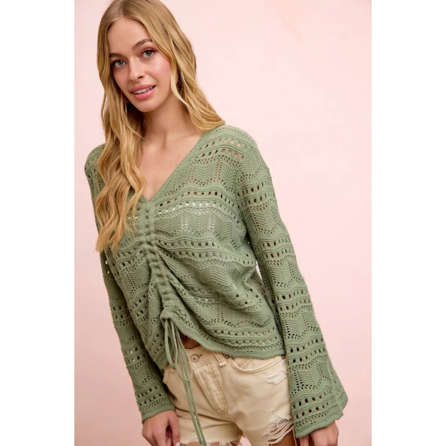 BiBi Pointelle Knit V Neck Ruched Front Lightweight Top Apparel and Accessories