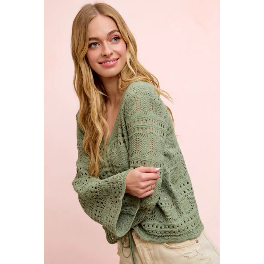 BiBi Pointelle Knit V Neck Ruched Front Lightweight Top Apparel and Accessories