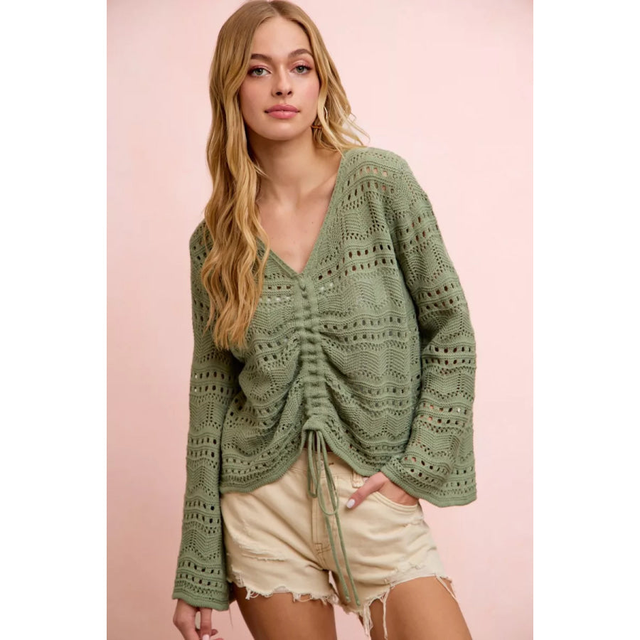 BiBi Pointelle Knit V Neck Ruched Front Lightweight Top Sage Green / S Apparel and Accessories