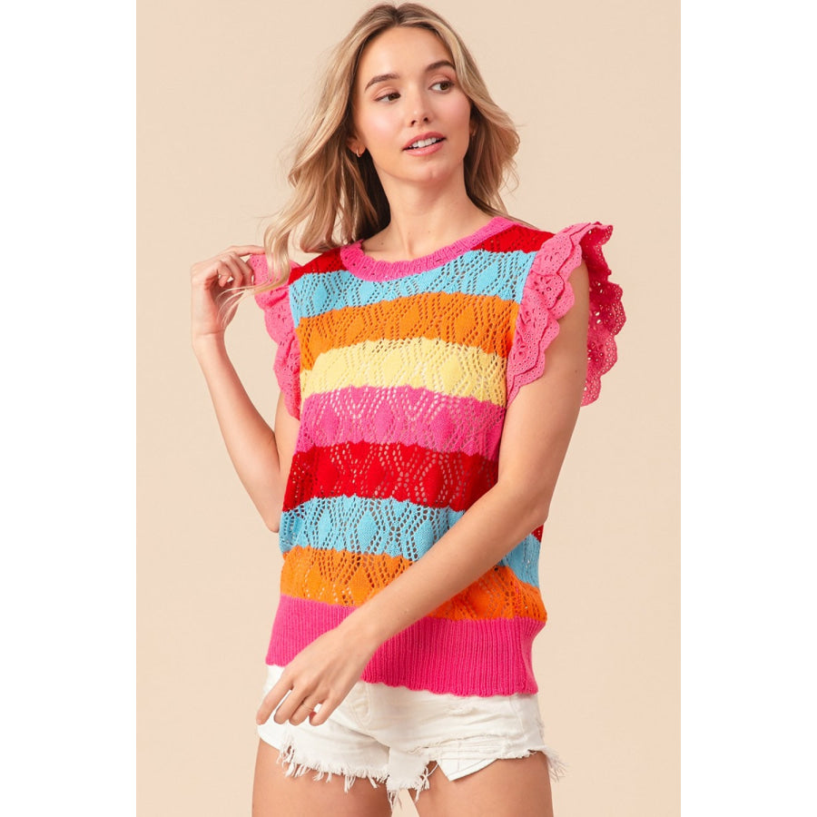 BiBi Pointelle Striped Ruffled Knit Top Apparel and Accessories
