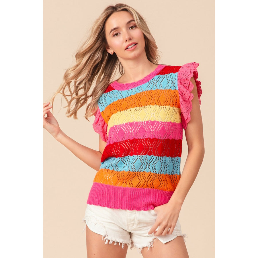 BiBi Pointelle Striped Ruffled Knit Top Apparel and Accessories