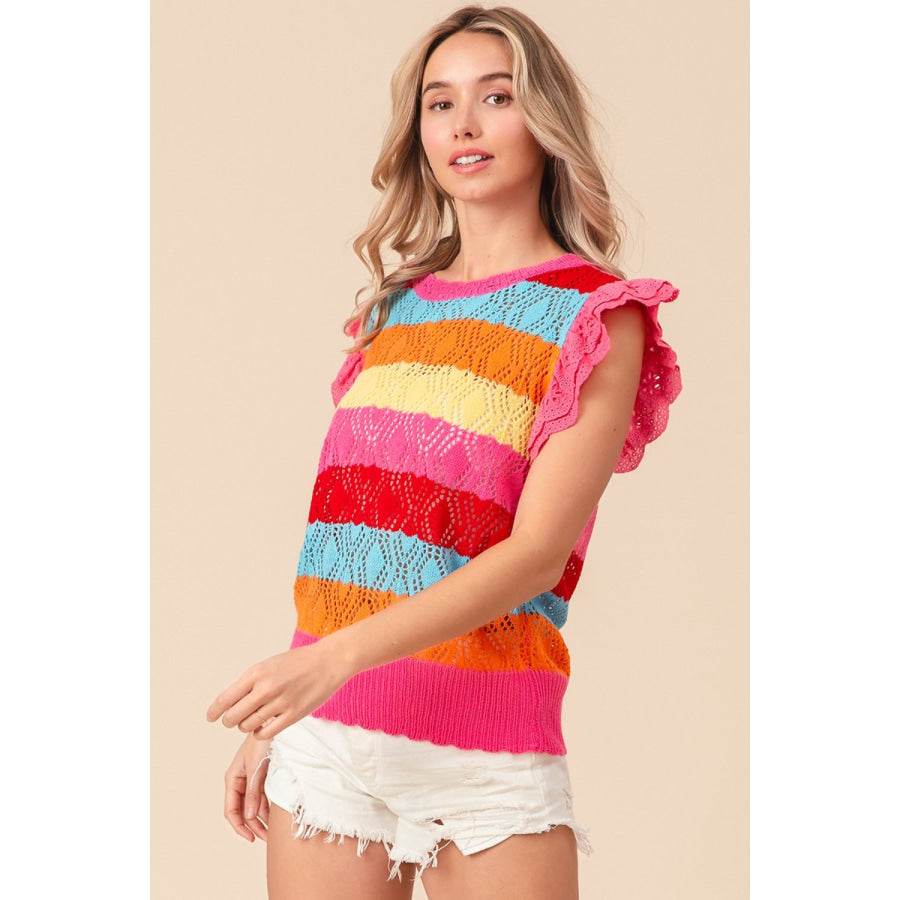 BiBi Pointelle Striped Ruffled Knit Top Fuchsia Combo / S Apparel and Accessories