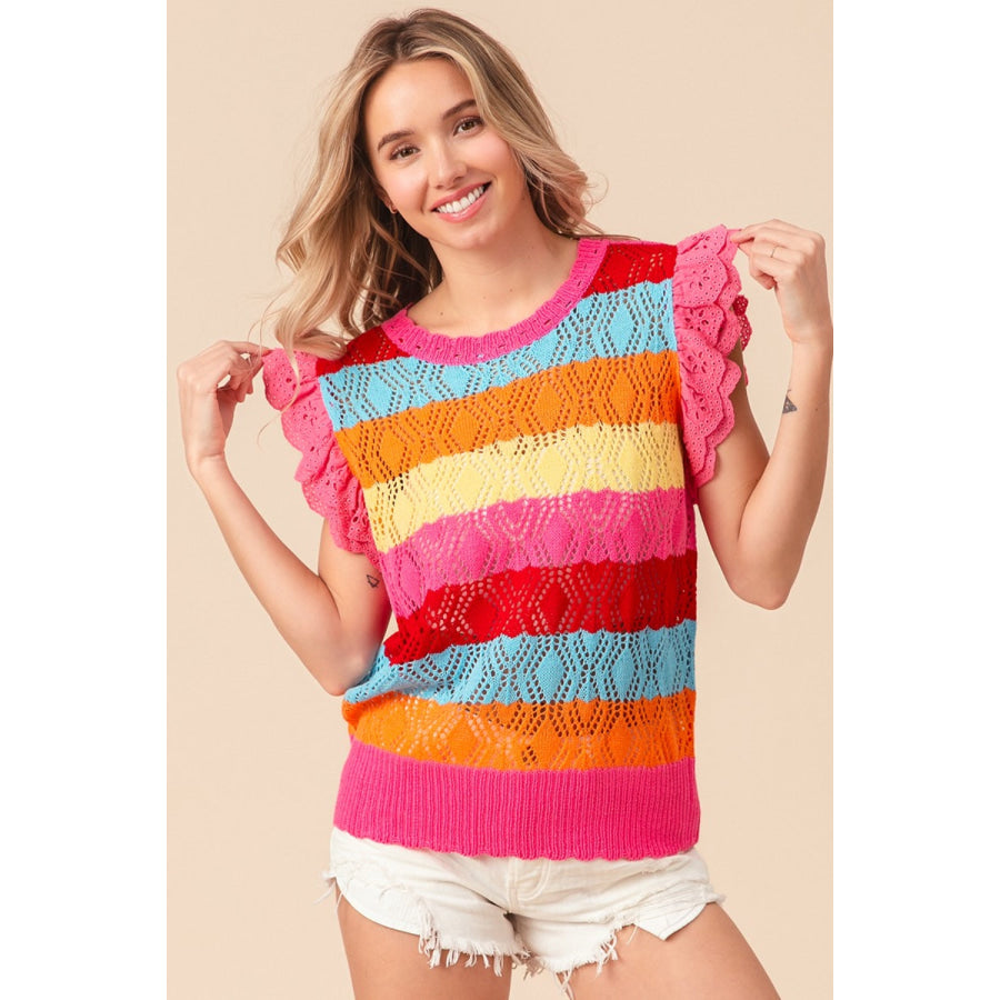 BiBi Pointelle Striped Ruffled Knit Top Fuchsia Combo / S Apparel and Accessories