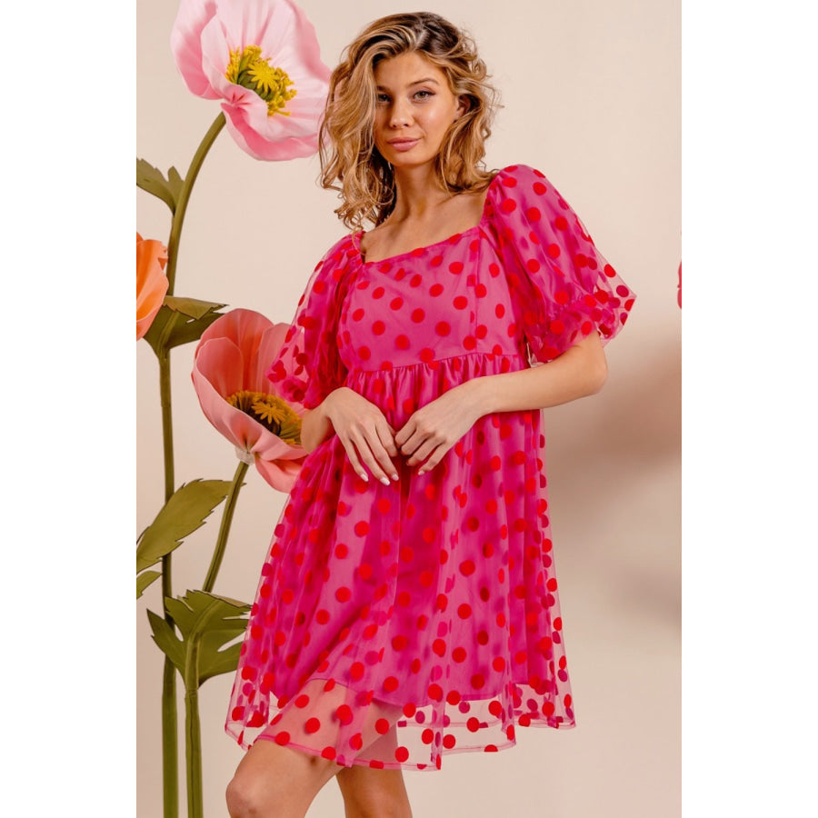 BiBi Polka Dot Mesh Puff Sleeve Dress Apparel and Accessories