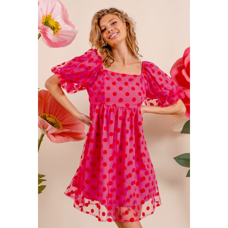 BiBi Polka Dot Mesh Puff Sleeve Dress Apparel and Accessories