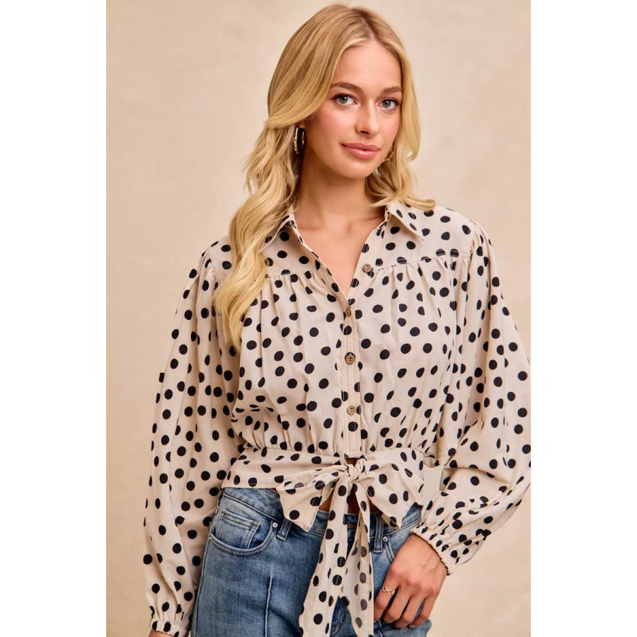 BiBi Polka Dot Print Tie Hem Detail Crop Shirt Apparel and Accessories