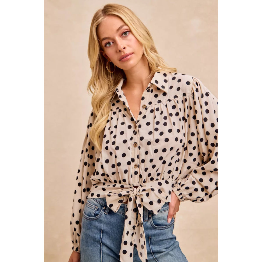 BiBi Polka Dot Print Tie Hem Detail Crop Shirt Apparel and Accessories