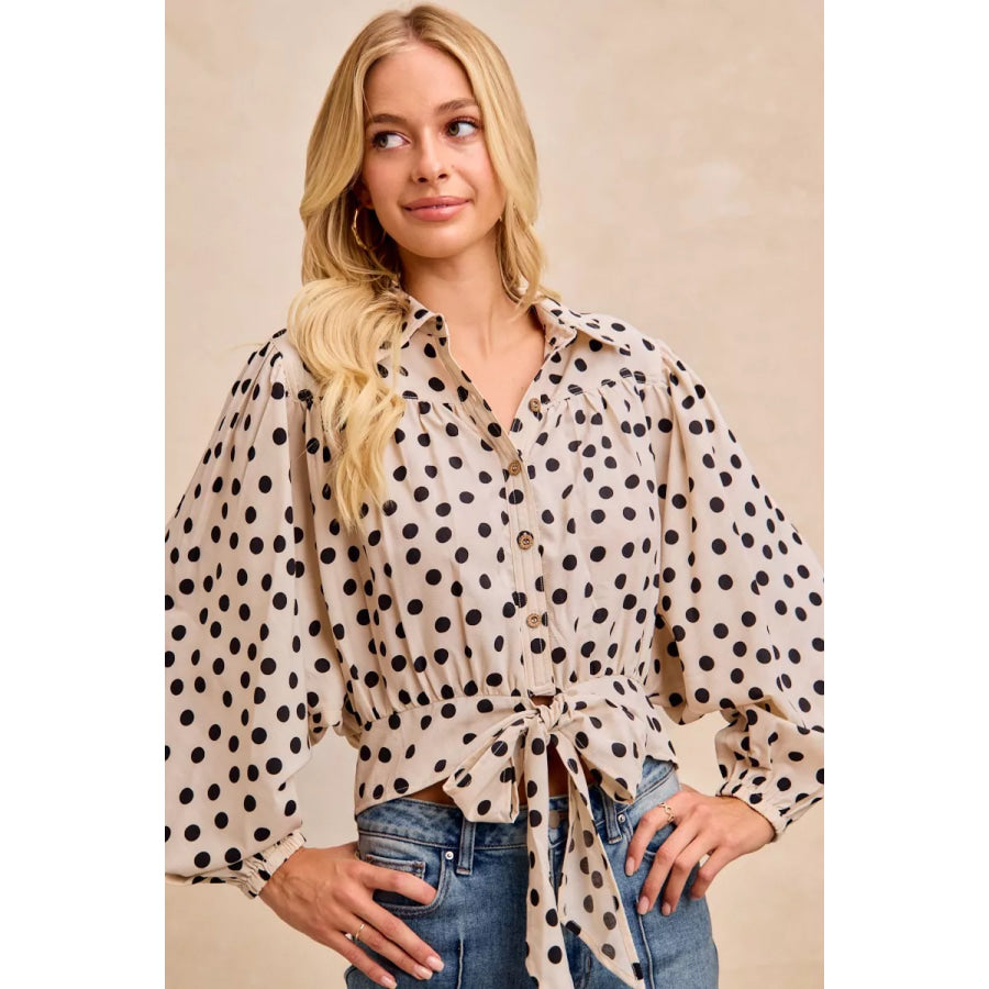 BiBi Polka Dot Print Tie Hem Detail Crop Shirt Apparel and Accessories