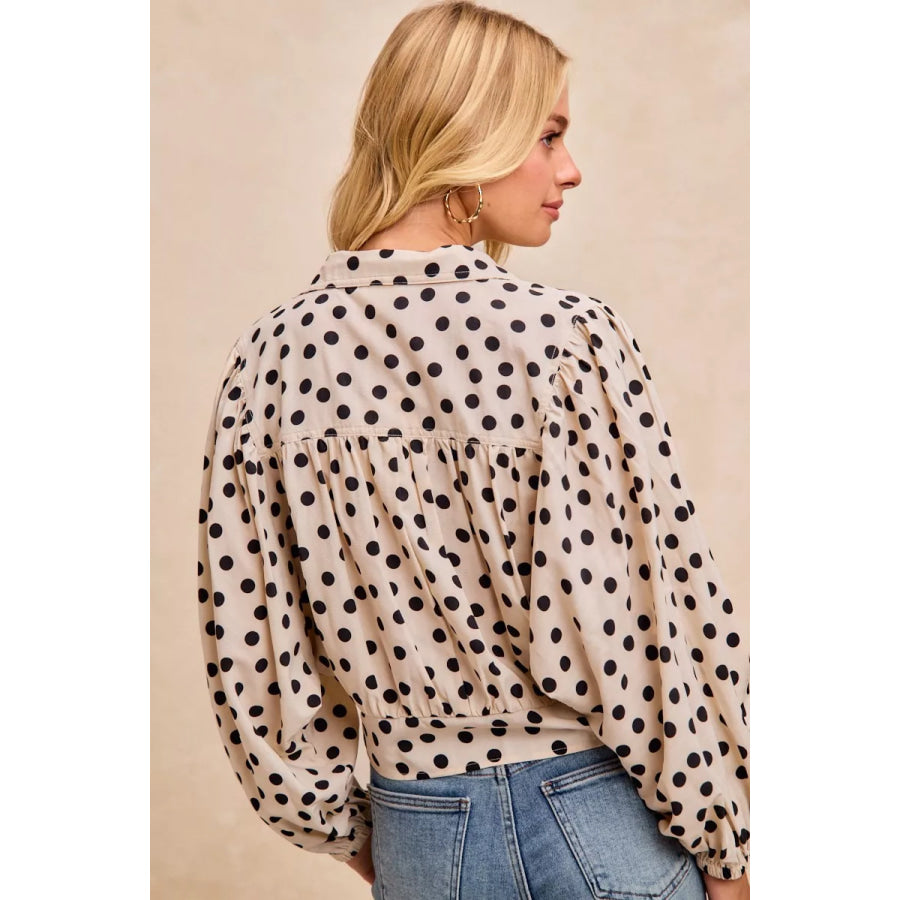 BiBi Polka Dot Print Tie Hem Detail Crop Shirt Apparel and Accessories