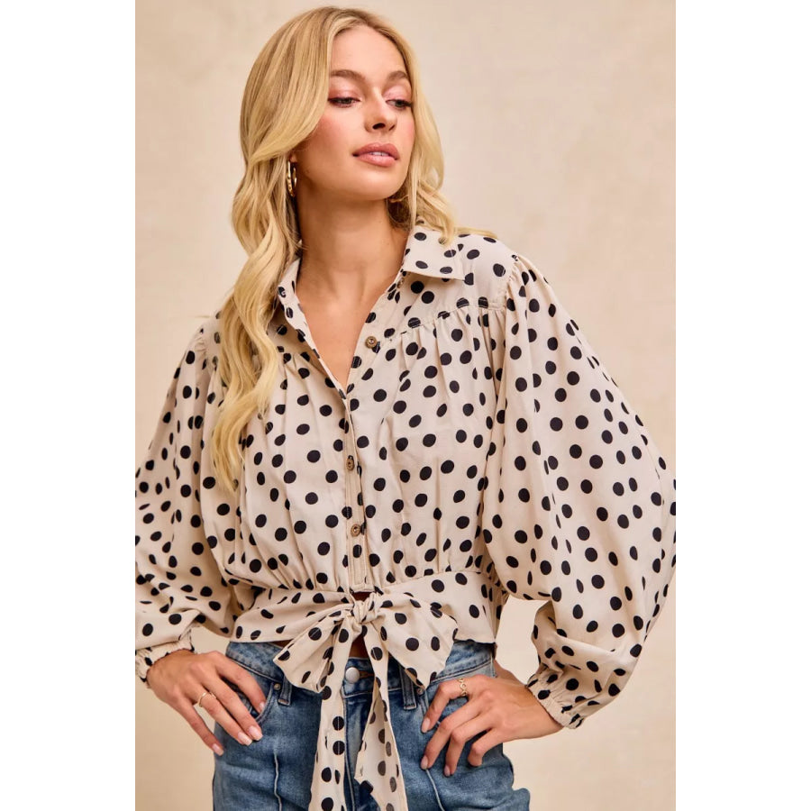 BiBi Polka Dot Print Tie Hem Detail Crop Shirt Apparel and Accessories