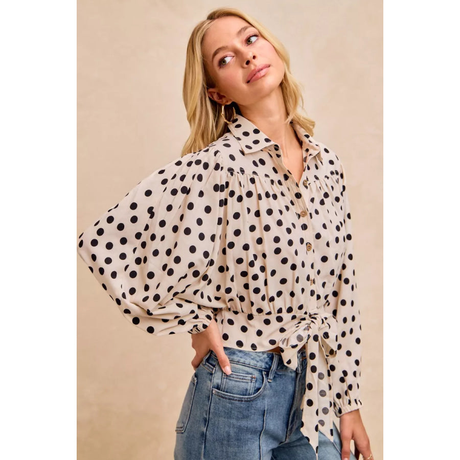 BiBi Polka Dot Print Tie Hem Detail Crop Shirt Apparel and Accessories