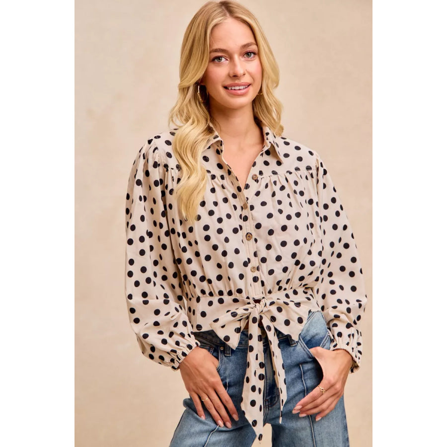 BiBi Polka Dot Print Tie Hem Detail Crop Shirt Apparel and Accessories