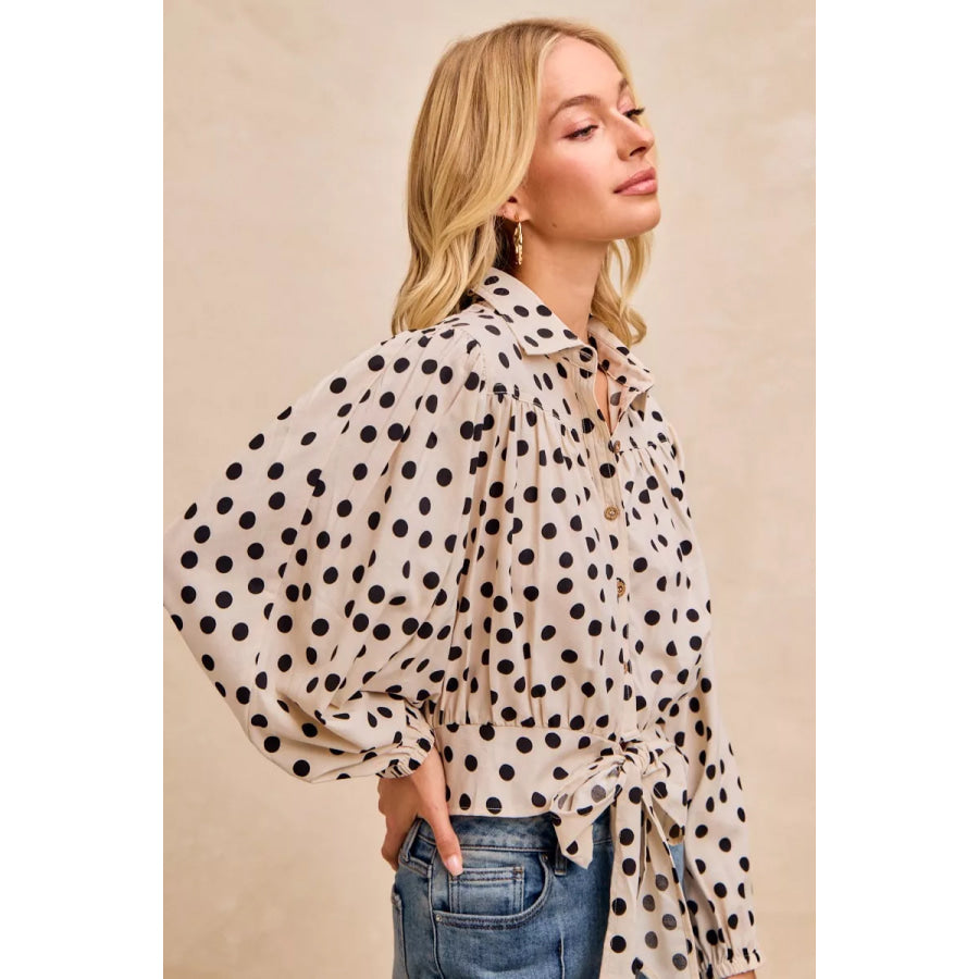 BiBi Polka Dot Print Tie Hem Detail Crop Shirt Apparel and Accessories