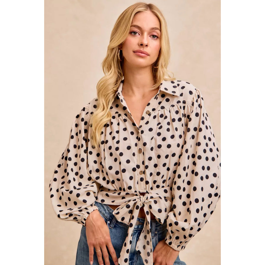 BiBi Polka Dot Print Tie Hem Detail Crop Shirt Apparel and Accessories