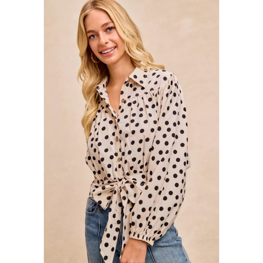 BiBi Polka Dot Print Tie Hem Detail Crop Shirt Apparel and Accessories
