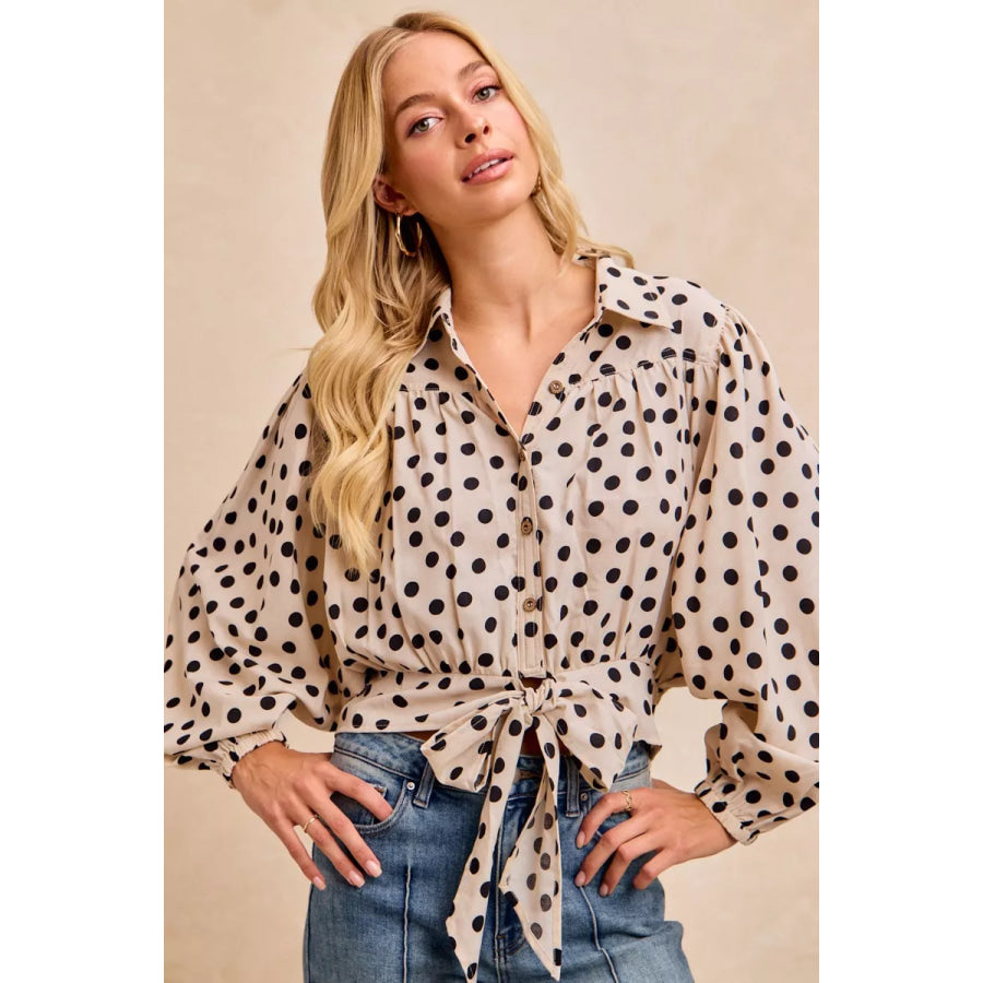 BiBi Polka Dot Print Tie Hem Detail Crop Shirt Apparel and Accessories