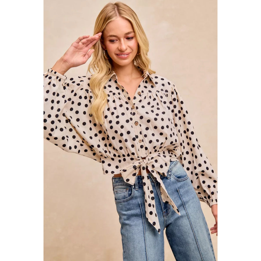 BiBi Polka Dot Print Tie Hem Detail Crop Shirt Apparel and Accessories
