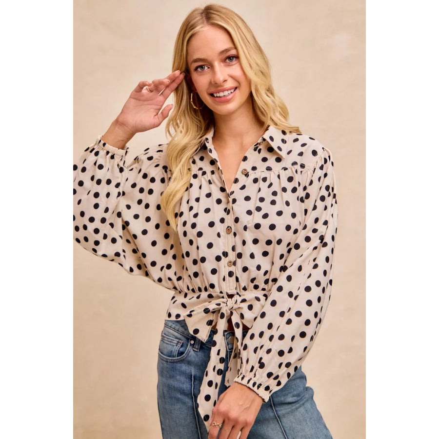 BiBi Polka Dot Print Tie Hem Detail Crop Shirt Apparel and Accessories