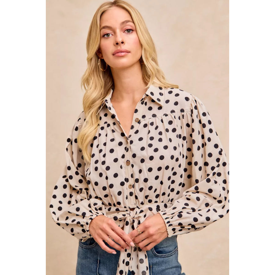 BiBi Polka Dot Print Tie Hem Detail Crop Shirt CREAM/BLACK / S Apparel and Accessories