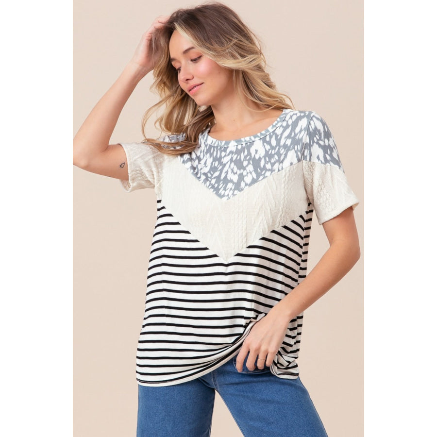 BiBi Printed Color Block Short Sleeve T-Shirt Ivory / S Apparel and Accessories