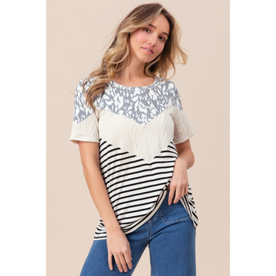 BiBi Printed Color Block Short Sleeve T-Shirt Apparel and Accessories