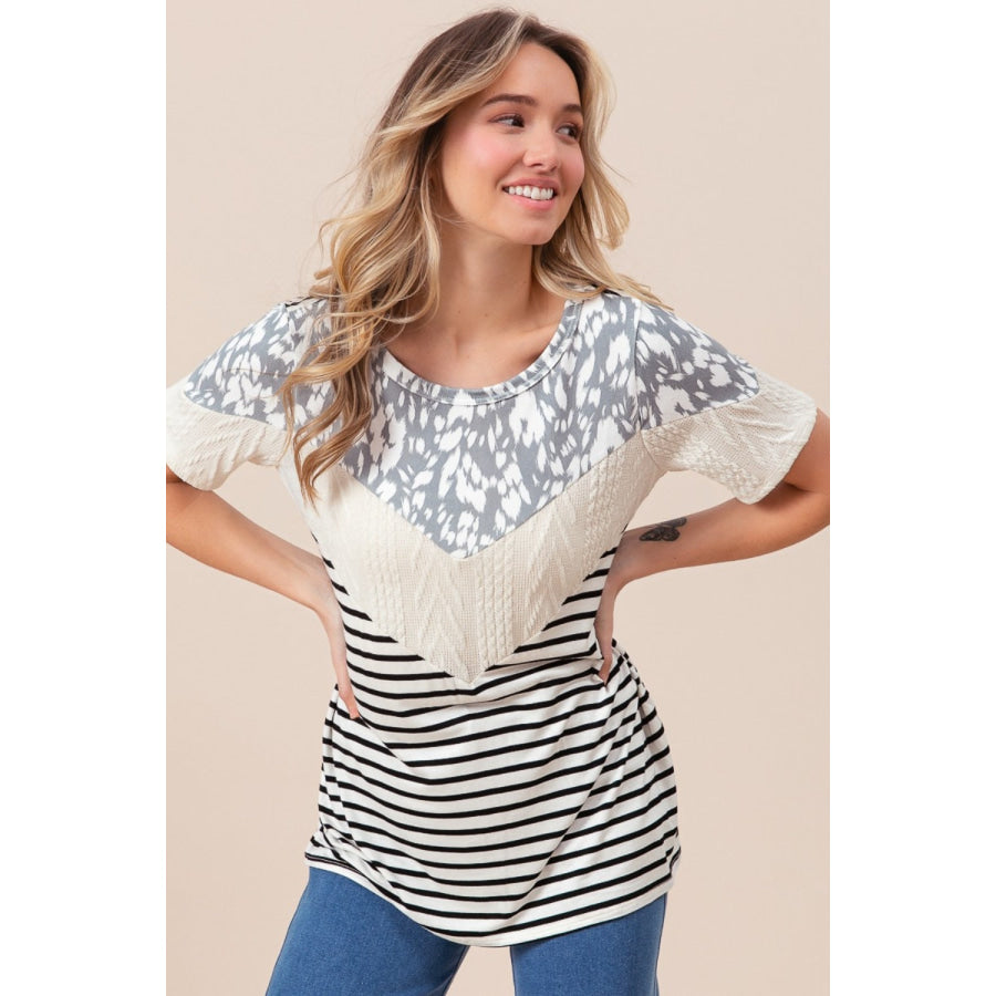 BiBi Printed Color Block Short Sleeve T-Shirt Ivory / S Apparel and Accessories