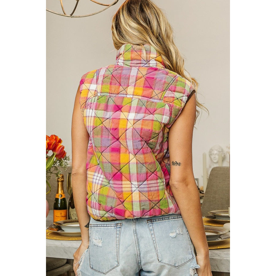 BiBi Quilted Washed Plaid Snap Down Vest Apparel and Accessories