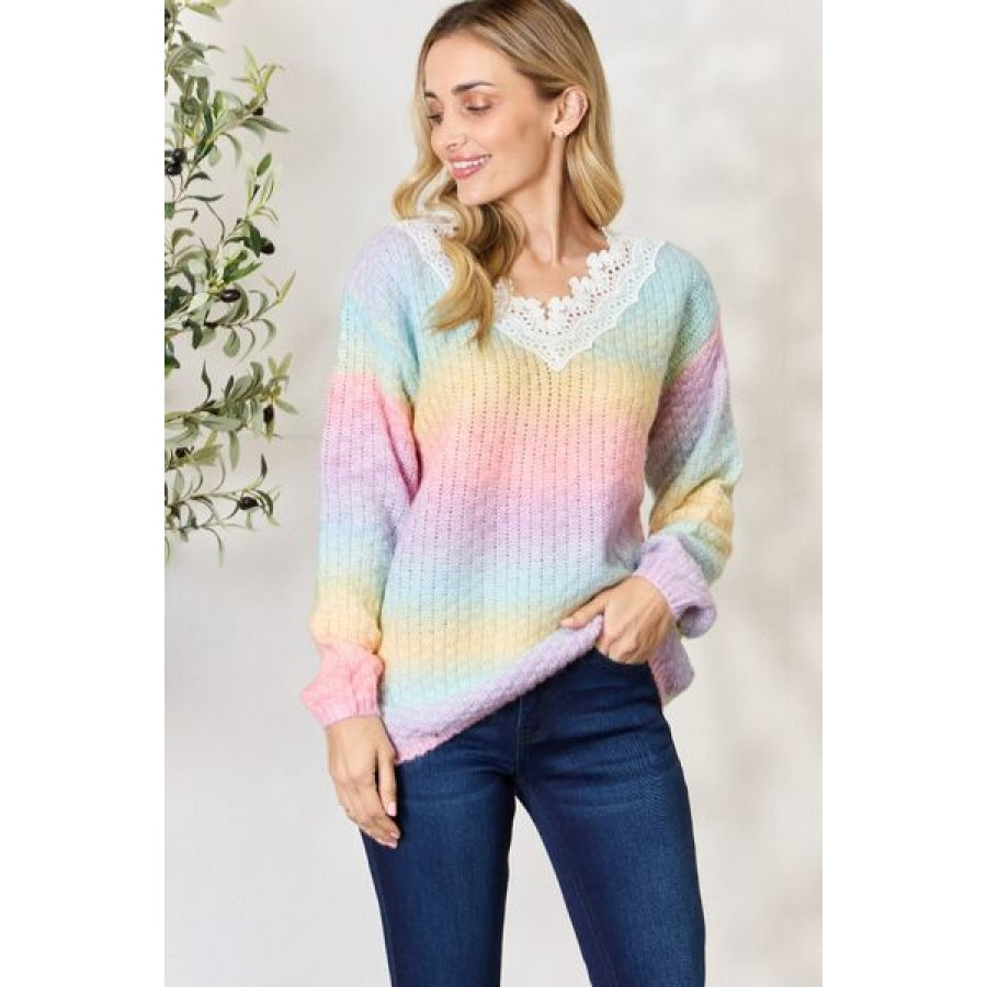 BiBi Rainbow Gradient Crochet Deetail Sweater Clothing
