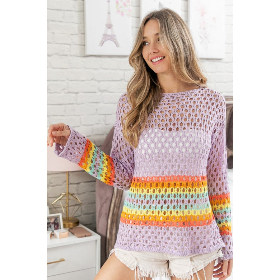 BiBi Rainbow Stripe Hollow Out Cover Up Apparel and Accessories