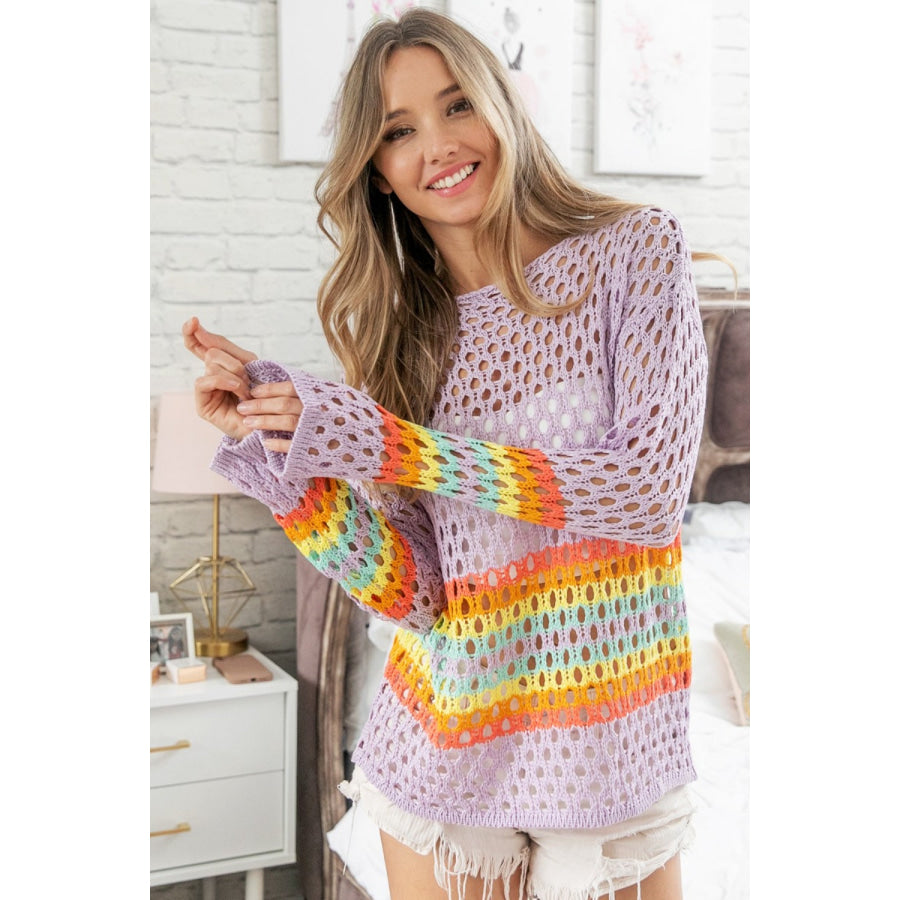 BiBi Rainbow Stripe Hollow Out Cover Up Apparel and Accessories