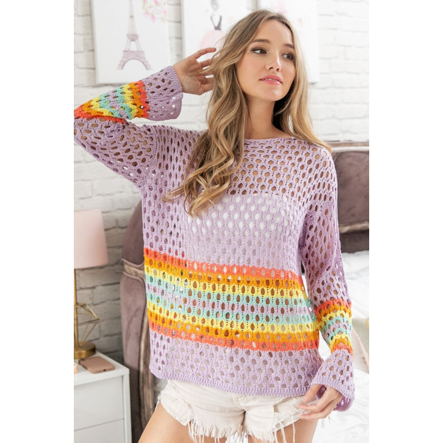 BiBi Rainbow Stripe Hollow Out Cover Up Lavender / S Apparel and Accessories