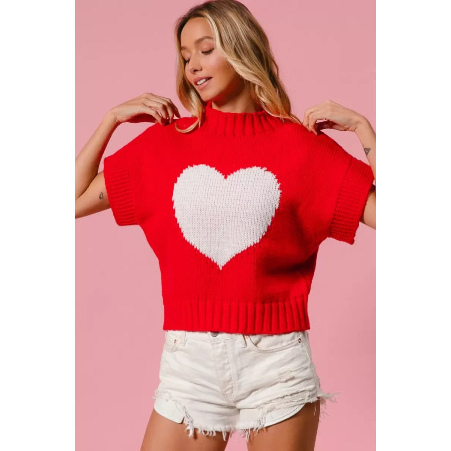 BiBi Rib Banded Heart Pattern Valentines Sweater Apparel and Accessories
