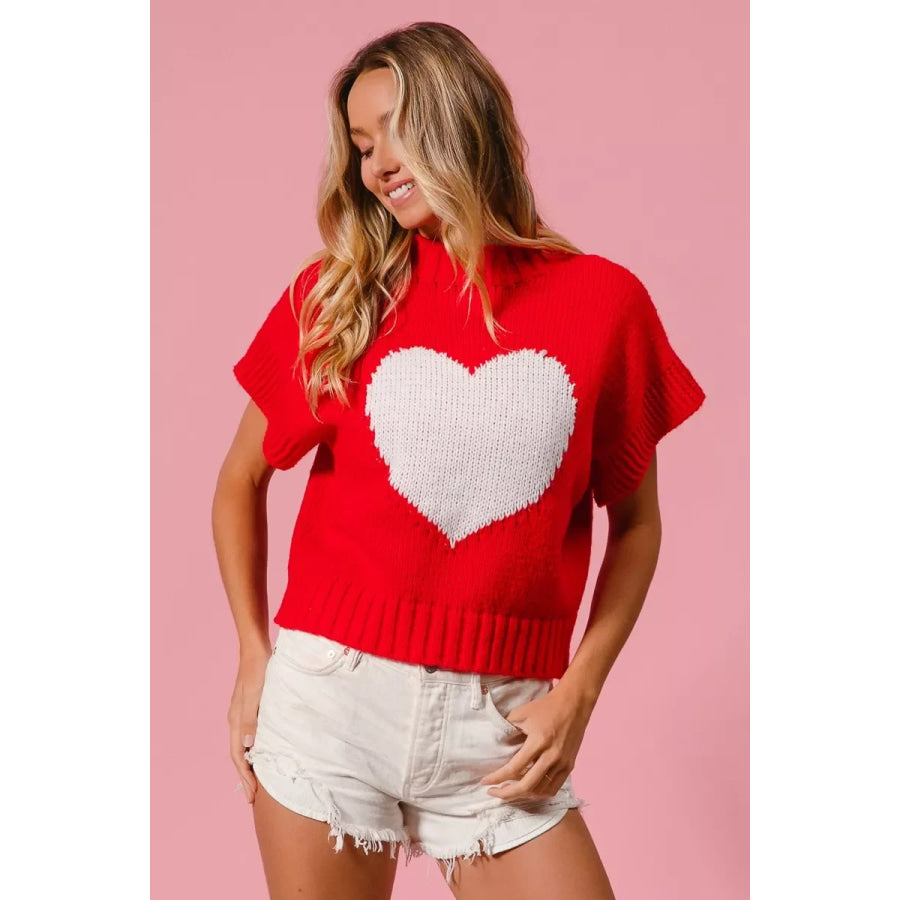BiBi Rib Banded Heart Pattern Valentines Sweater Apparel and Accessories