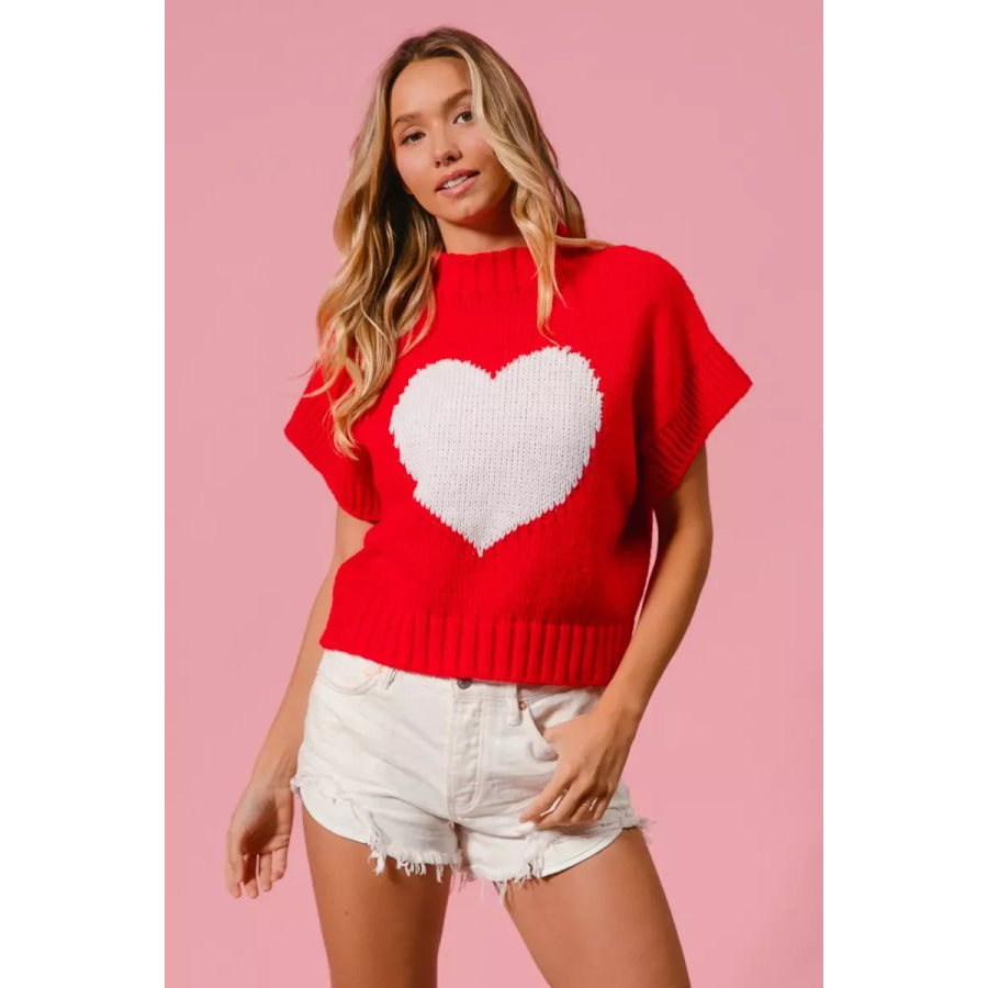 BiBi Rib Banded Heart Pattern Valentines Sweater Apparel and Accessories