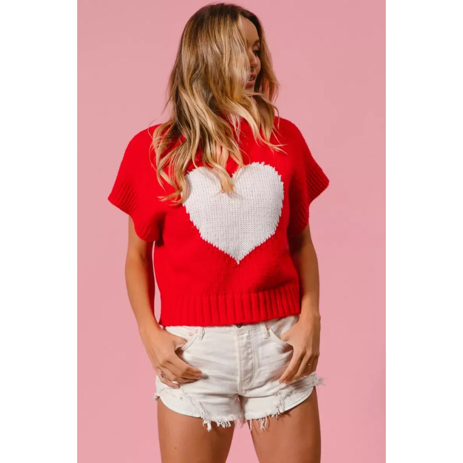 BiBi Rib Banded Heart Pattern Valentines Sweater Apparel and Accessories