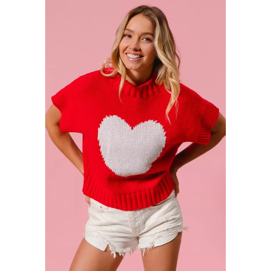 BiBi Rib Banded Heart Pattern Valentines Sweater Apparel and Accessories